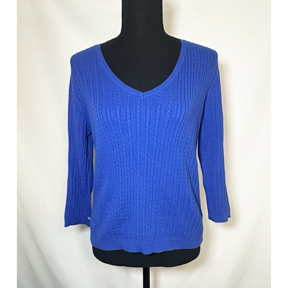 Lauren Ralph Lauren Blue Cable Knit Preppy V-Neck‎ Sweater Women's SMALL